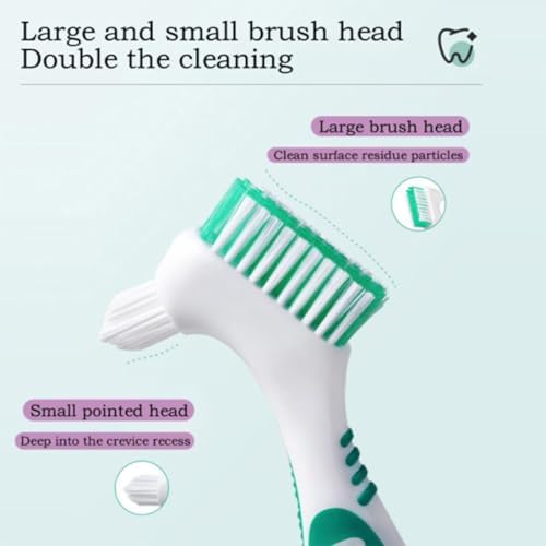 Close up view of the portable false teeth brush showcasing the anti-slip curved rubber handle.