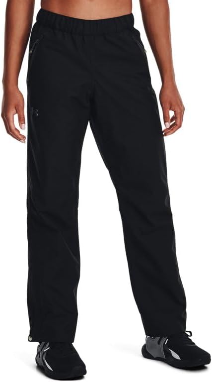 Under Armour Womens UA Stormproof Lined Rain Pants front view showing black waterproof fabric.
