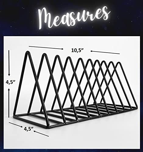 Record-Happy black metal frame stand positioned next to a home audio system setup.