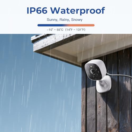 Vsmahome outdoor surveillance camera mounted on a brick wall during a rainstorm highlighting its weatherproof design