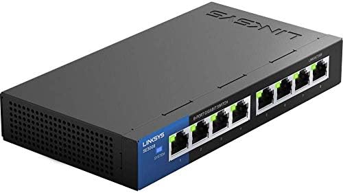Linksys metallic gigabit switch premium black and blue enclosure styled for home office desk setup