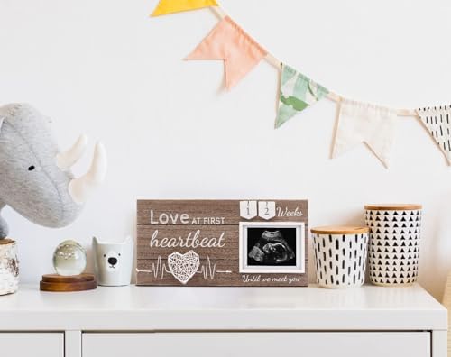 Garybank gender reveal and baby shower gift set featuring the love at first heartbeat ultrasound frame and wooden number tiles