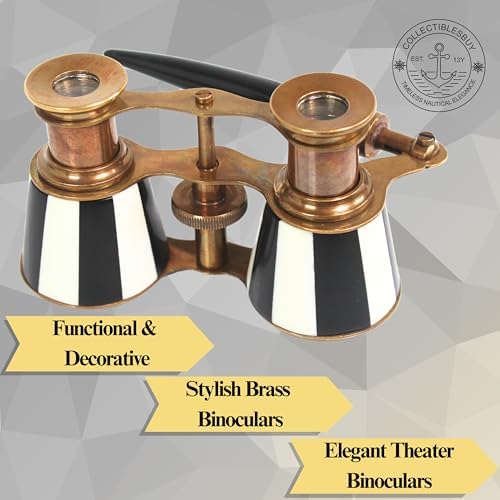 Compact lorgnette style opera glasses displayed as a decorative piece on a wooden bookshelf