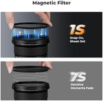 Demonstration of the 1-second magnetic attachment system on a camera lens barrel.