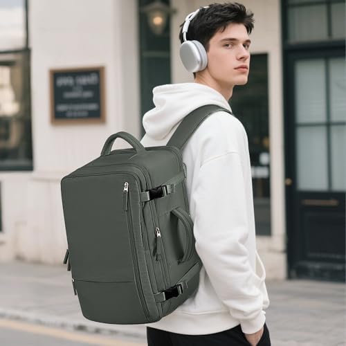 Beraliy Carry On Backpack showing the 180 degree lay flat design for quick airport security checks.