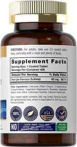 Carlyle high potency iron supplement 65mg elemental iron nutrition facts label panel