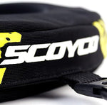 Scoyco off-road riding body armor side view revealing adjustable fixing belt and quick-release buckle system