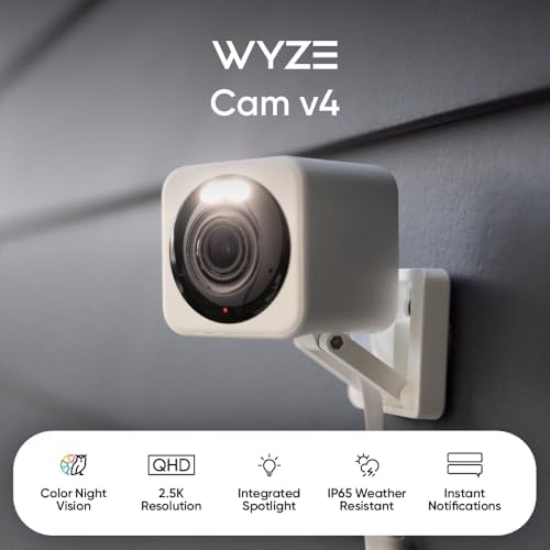 Wyze Cam v4 indoor outdoor camera showing weather resistant housing and integrated spotlight