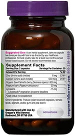 Oregons Wild Harvest Prostate Health vegan supplement showing product facts and non-GMO seal