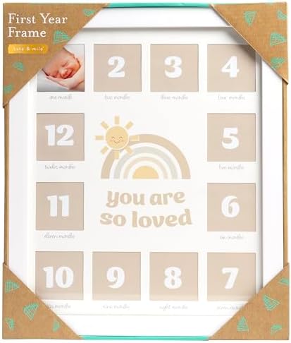 Authentic Kate and Milo first year growth tracking photo frame packaging and display details.
