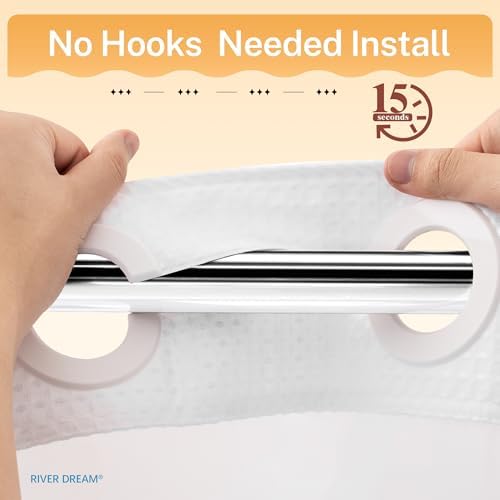 Hook free split rings on River Dream shower curtain hanging on a rod