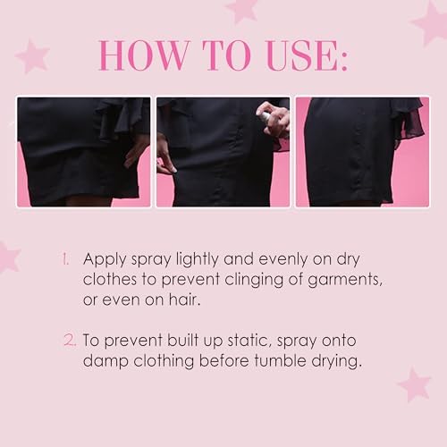 Applying anti-static spray to silk dress to prevent fabric clinging