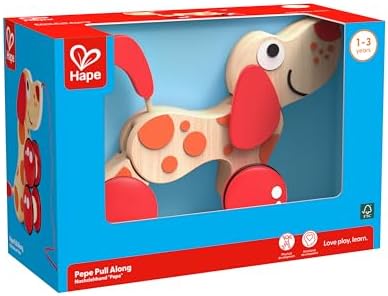 Close up view of the floor protective rubber rimmed wheels on the Hape Pepe pull along puppy