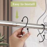 Goowin modern black hardware hooks supporting a heavy fabric shower curtain and waterproof inner liner simultaneously