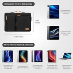 MOSISO 9-11 inch carrying bag with four front zipper pockets organizing tech accessories.