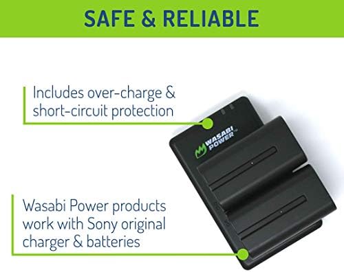 Dual USB camera battery charger with two Wasabi Power batteries inserted and charging indicators visible.