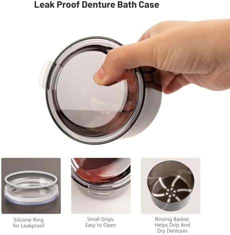 Denture Case, Leak Proof Denture Bath Cup, Full & Partial Denture Clean Holder Box with Strainer, Denture Brush, Denture Soaking Container Cups for Dentures, Retainers, Mouth Guard Storage Case -Black - Image 5