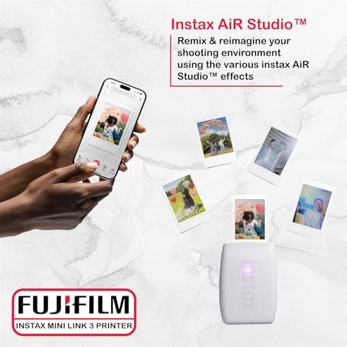 Portable Fujifilm instant photo printer bundle showing the textured design and protective case.