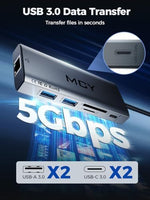 MCY dual monitor multiport hub arranged alongside professional workstation accessories to illustrate its compact size and functional utility.