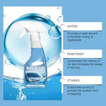 Compact winter car essential deicing spray bottle stored in a vehicle side door pocket.