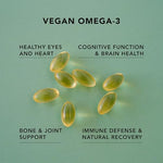 Side view of AMANDEAN vegan omega 3 bottle showing nutritional facts including DHA and EPA milligrams.
