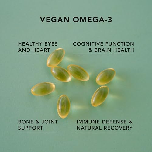 Side view of AMANDEAN vegan omega 3 bottle showing nutritional facts including DHA and EPA milligrams.