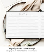 Close up of Lamare funeral guest book lay flat binding