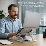 Uncaged Ergonomics silver aluminum stand holding an iPad at an ergonomic viewing tilt