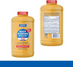 Talc free medicated cornstarch powder packaging showing triple action benefits