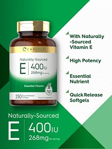 Carlyle Vitamin E 400 IU bottle showing supplement facts and non GMO gluten free labels
