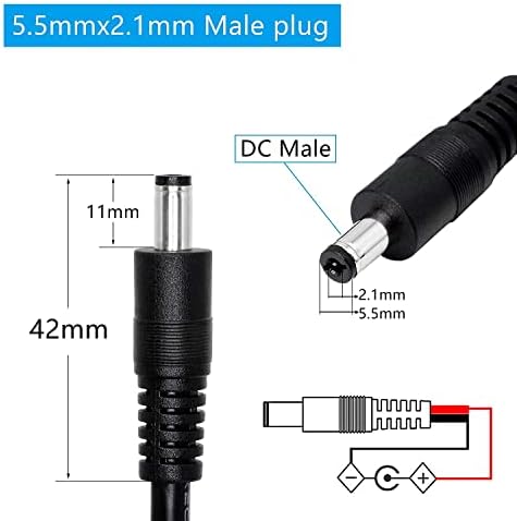 Gintooyun male plug barrel connector dimension details showing the 5.5mm by 2.1mm plug size.