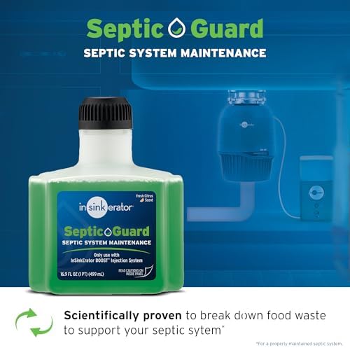 InSinkErator Septic Guard bottle showing 16.9 fluid ounce capacity.