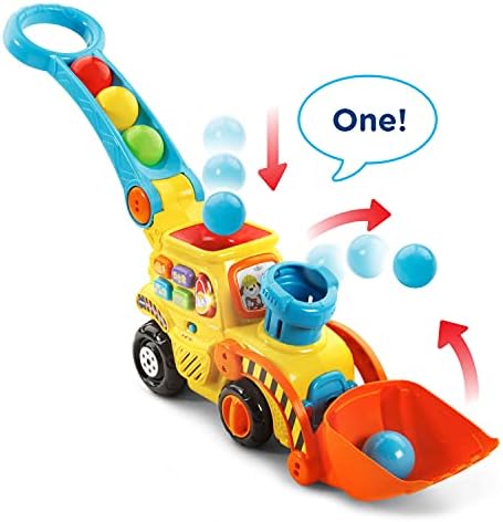 Toddler learning toy vehicle showing chunky handle grip and colorful balls popping out of the smoke stack