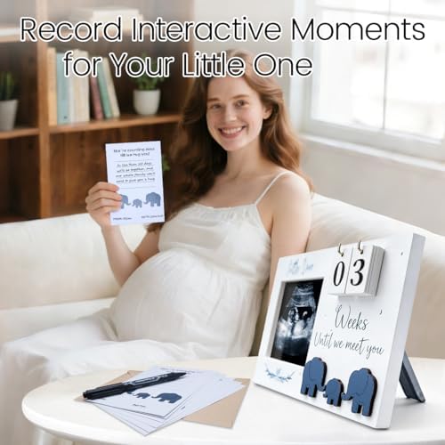 Wooden ultrasound photo frame pregnancy announcement keepsake displaying weekly countdown blocks