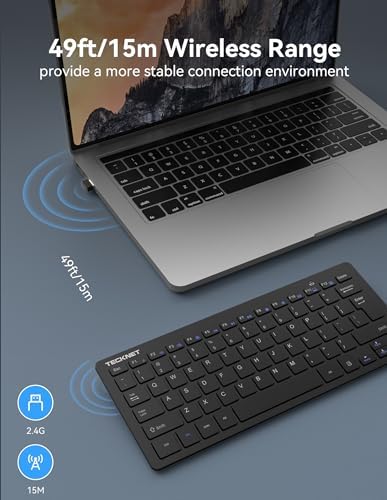 Tecknet mini wireless keyboard angle view highlighting quiet scissor switch chocolate keys