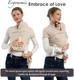 The adjustable tie closure system and shoulder straps of the Misswisdom beige wrap carrier demonstrated.