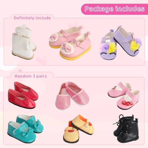 Assorted styles of doll boots and flats for 18 inch dolls
