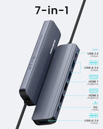 Premium dark grey 7-in-1 multiport adapter showing three USB 3.0 ports and Type-C data connection.