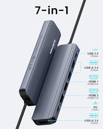 Premium dark grey 7-in-1 multiport adapter showing three USB 3.0 ports and Type-C data connection.