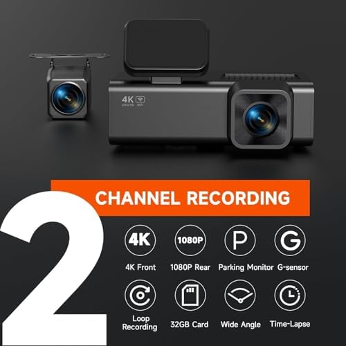 E-YEEGER dual channel mini car camera showing 4K front and 1080P rear dual screen setup