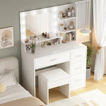 Three level storage shelves on OTOQS beauty dresser with skincare organization close up