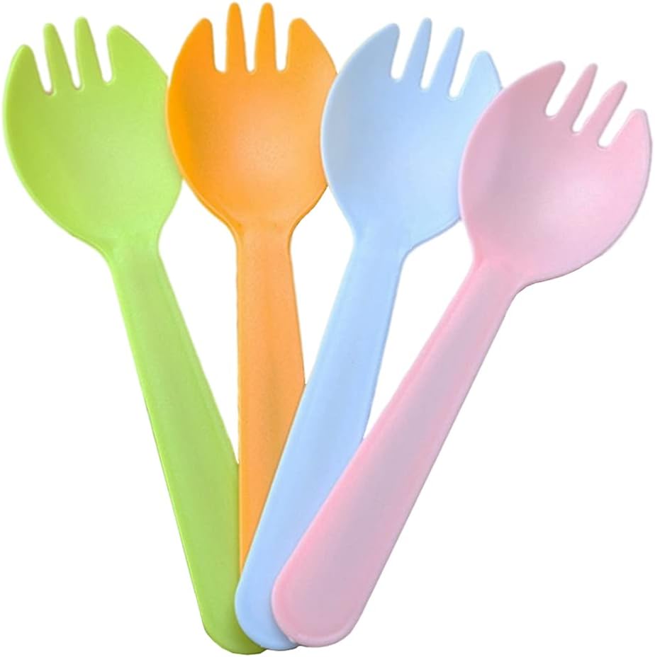 Mavere mini disposable plastic sporks front view of multi colored packaging for parties