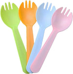 Mavere mini disposable plastic sporks front view of multi colored packaging for parties