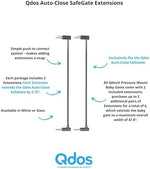 Qdos baby safety gate extension kit showing the push to connect installation system.