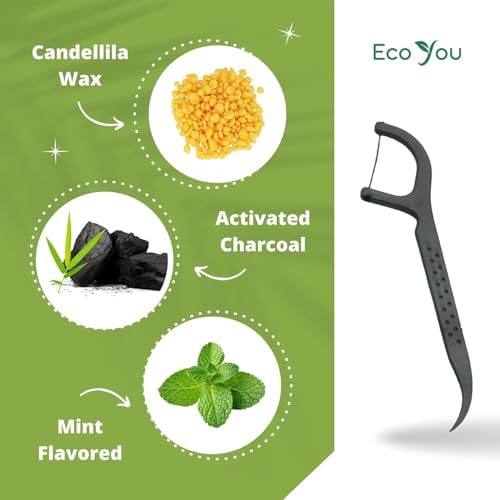 Close up of charcoal infused black dental floss thread on an eco friendly bamboo flosser handle