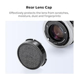 Close up look at the bayonet mount side of the K&F Concept camera body cover and rear lens cap