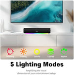 Rythflo TV soundbar mounted on a wall below a smart television