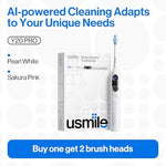 Usmile rechargeable toothbrush next to a smartphone displaying the real-time three-dimensional oral map application.