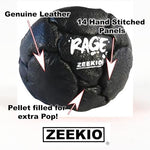 Close up view of the hand stitched seams on the authentic Zeekio Rage black leather hacky sack showing premium craftsmanship.