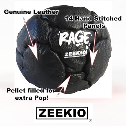 Close up view of the hand stitched seams on the authentic Zeekio Rage black leather hacky sack showing premium craftsmanship.